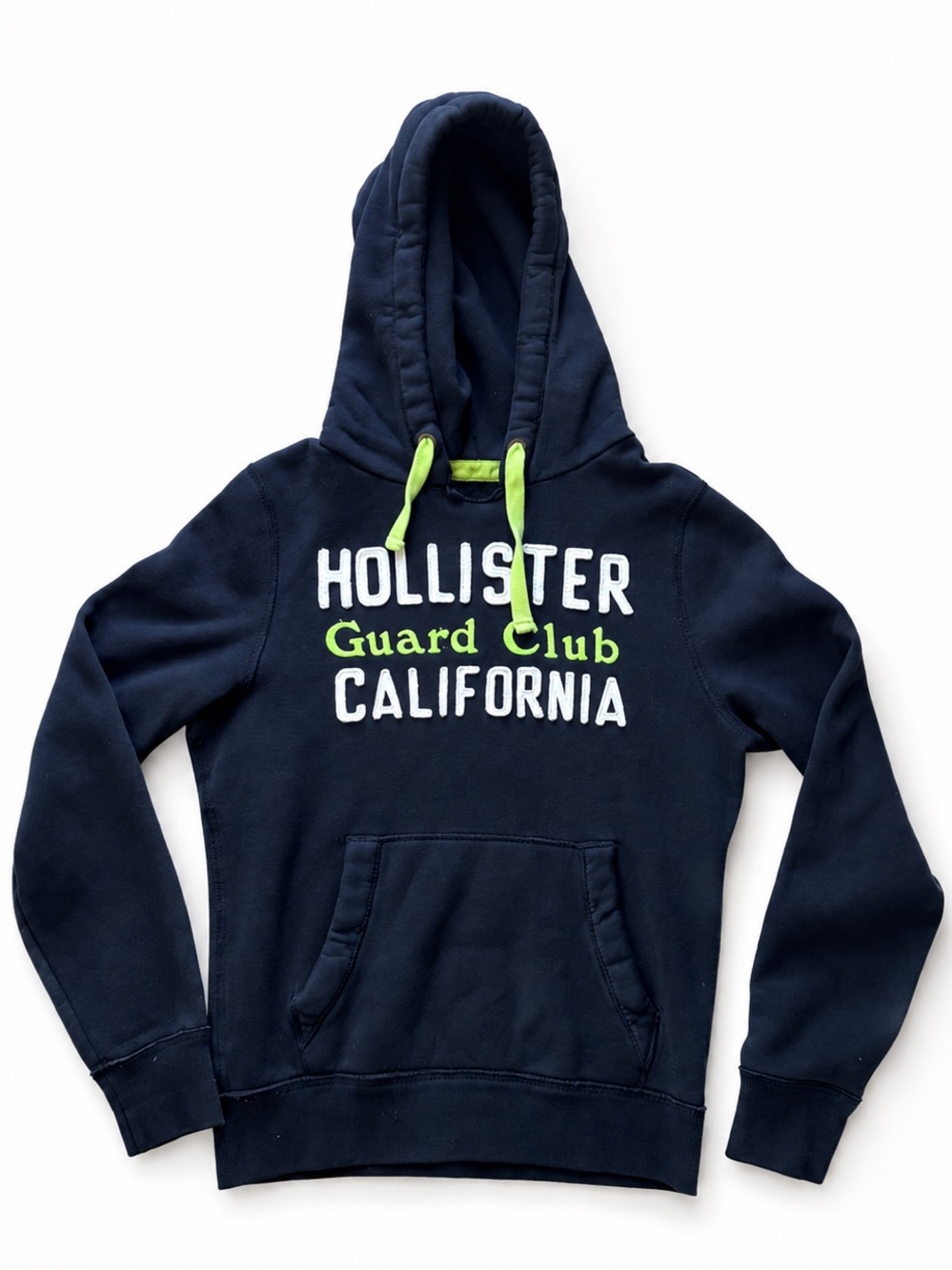 Y2K Hollister Guard Club California Spellout Hoodie Navy Neon Green Size L